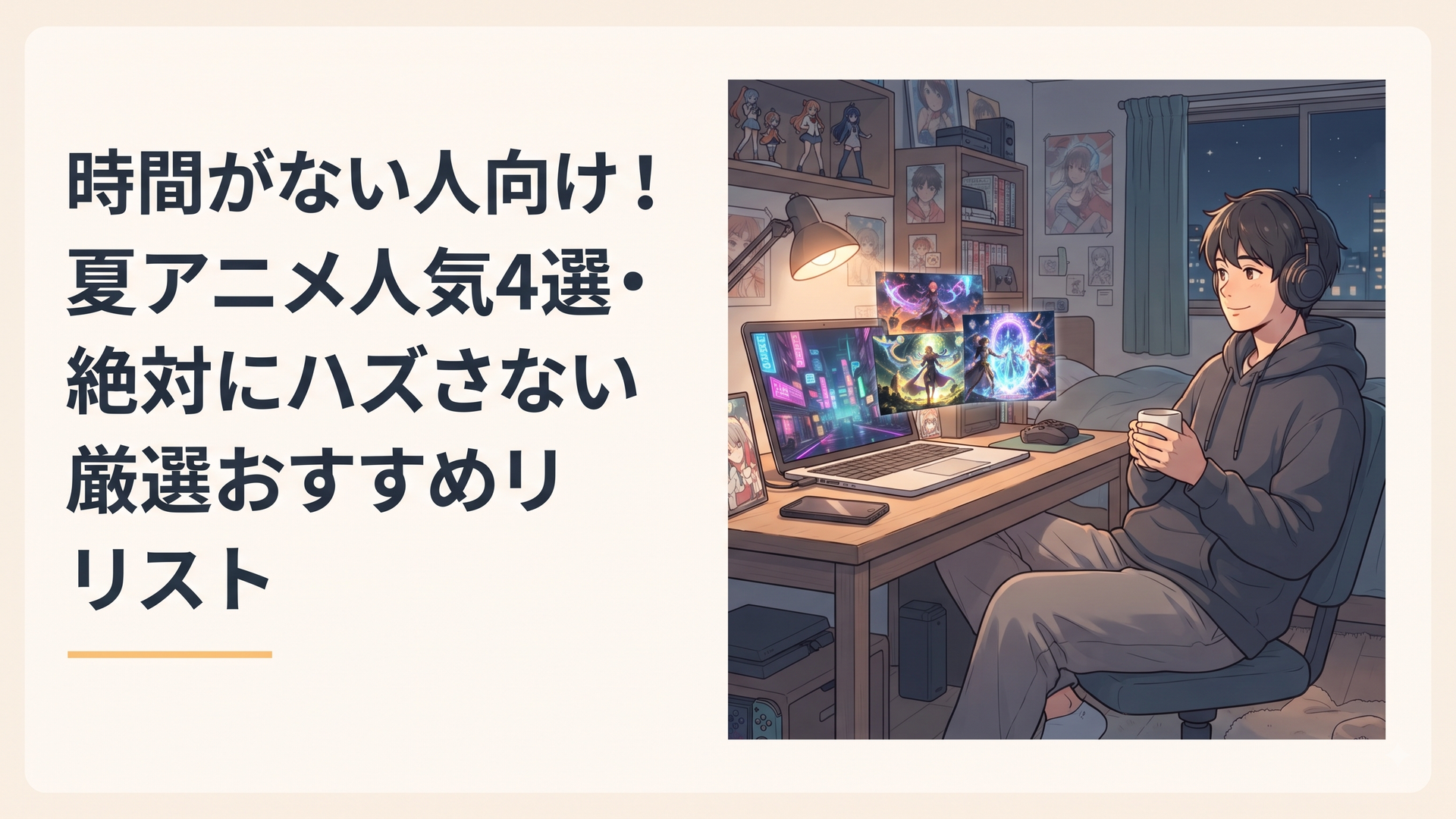 忙しい社会人が夜の自室でパソコンを開き、サイバーパンクや異世界ファンタジーのアニメ映像に見入ってリラックスしている、没入感のあるエモーショナルなシーン