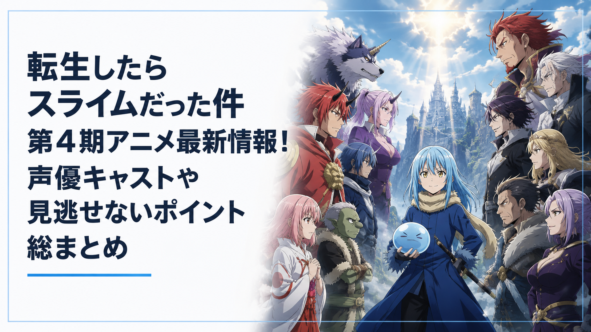 スライムのリムルを中心とした魔国連邦の幹部たちと、新たなる敵であるロッゾ一族が睨み合う壮大なファンタジー世界のキービジュアル風の光景