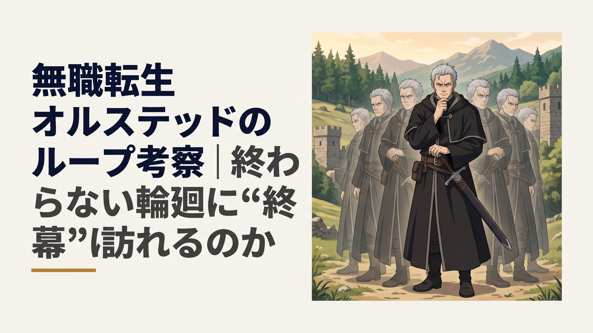 剣と魔法の異世界を背景に、黒衣をまとった龍神オルステッドが無数の残像に囲まれ、同じ場所を何度も繰り返しているようなループのイメージ