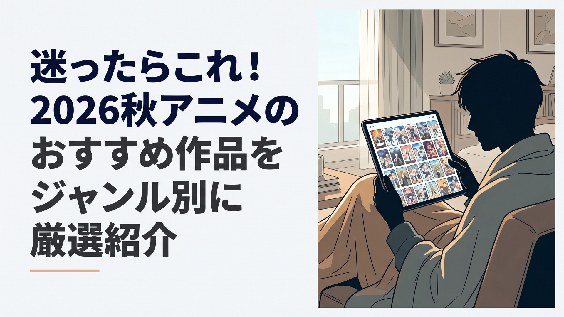 秋の夜、ブランケットにくるまってタブレットで新作アニメ一覧を眺める社会人のシルエット、画面には無数の作品サムネイルが並ぶ